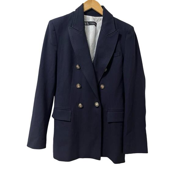 Zara Womens Double Breasted Blazer Size L Navy Gold Button Dark Academia Classic - Picture 1 of 9